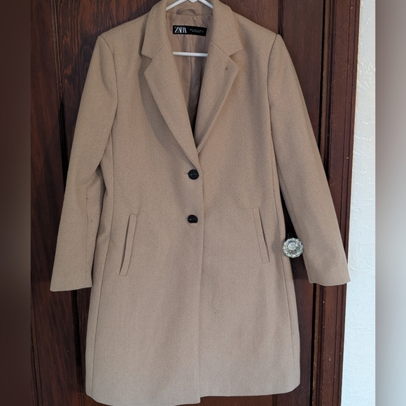 ZARA  Tan/ Camel Long Coat Professional Classic Size Large - Picture 1 of 9